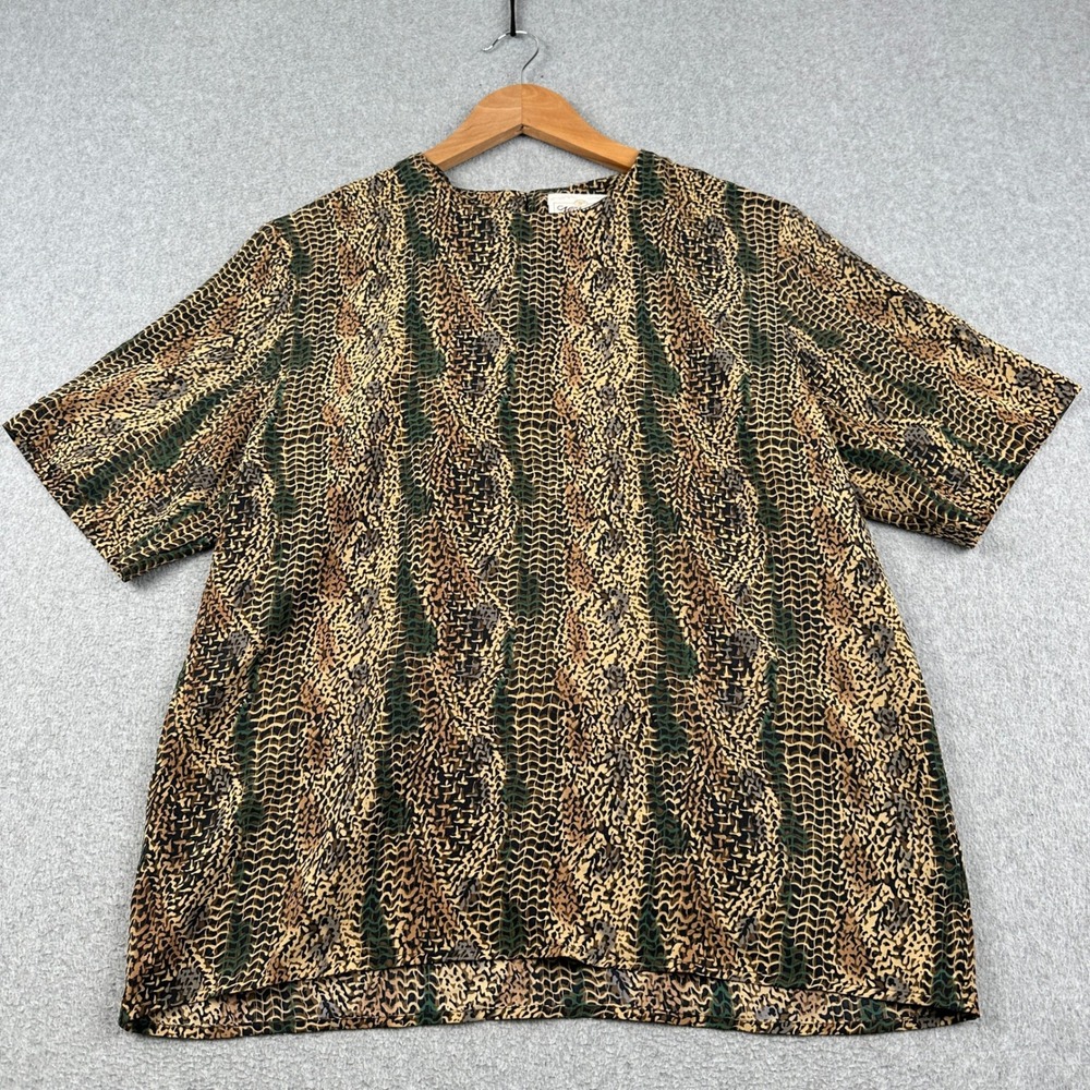 Vintage 80s 90s Worthington Blouse Womens Medium Animal Print Brown Short Sleeve